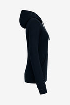 Veste zippée à capuche femme bleu foncé vue de profil, manches longues et capuche ajustée.