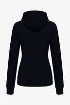 Veste à capuche femme bleu foncé vue de dos, coupe près du corps et capuche enroulée.