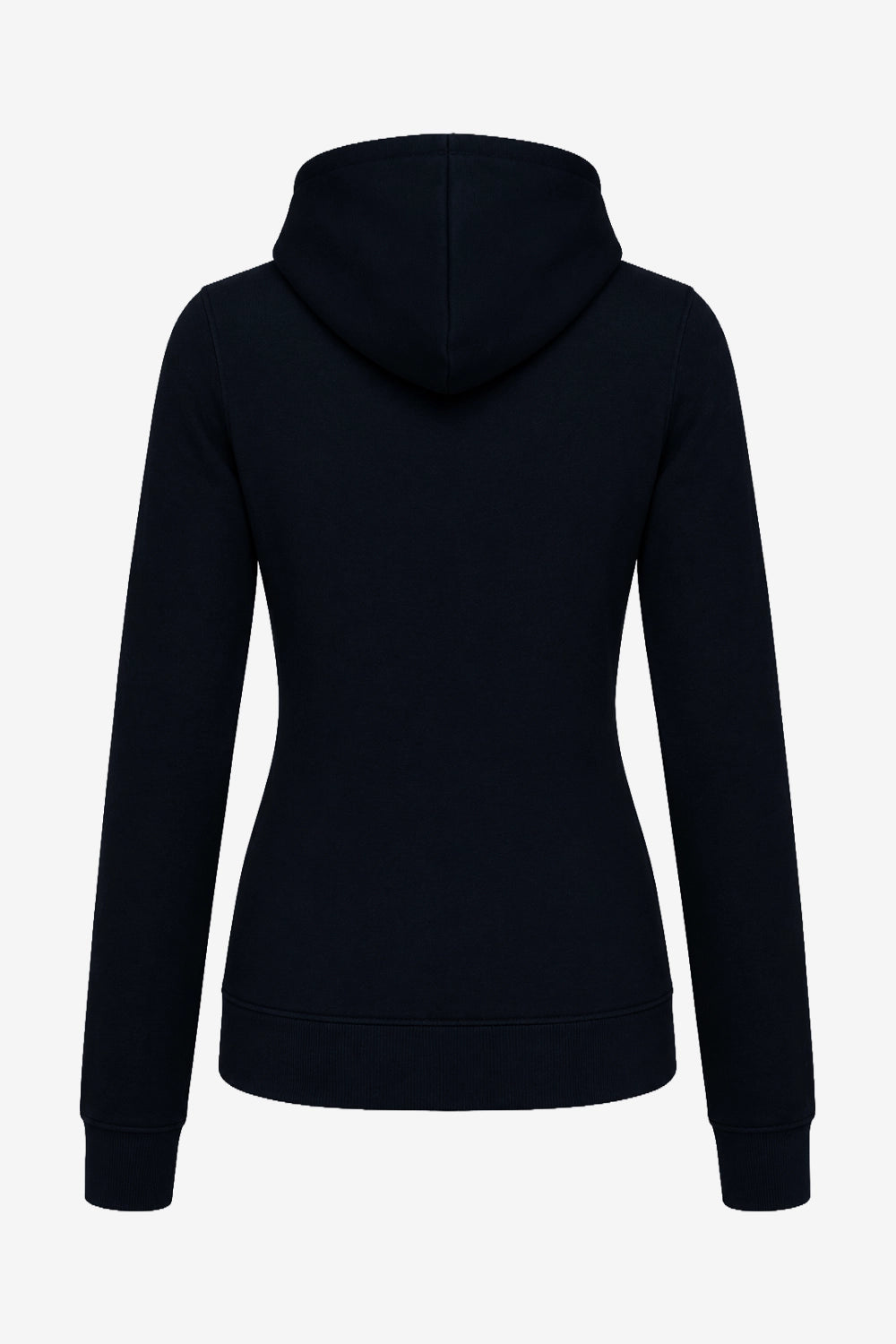 Veste à capuche femme bleu foncé vue de dos, coupe près du corps et capuche enroulée.
