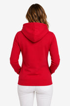 Veste zippée à capuche rouge pour femme, vue de dos, cordons blancs, manches longues.
