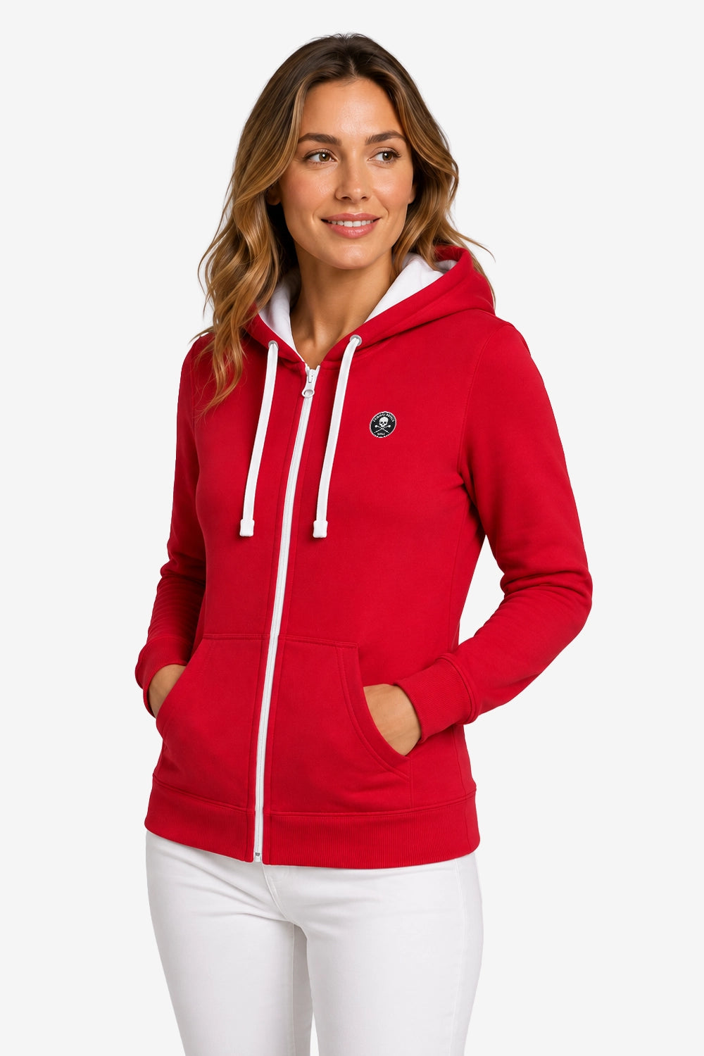 Veste zippée rouge à capuche pour femme, cordons blancs, poches devant, fermeture éclair.