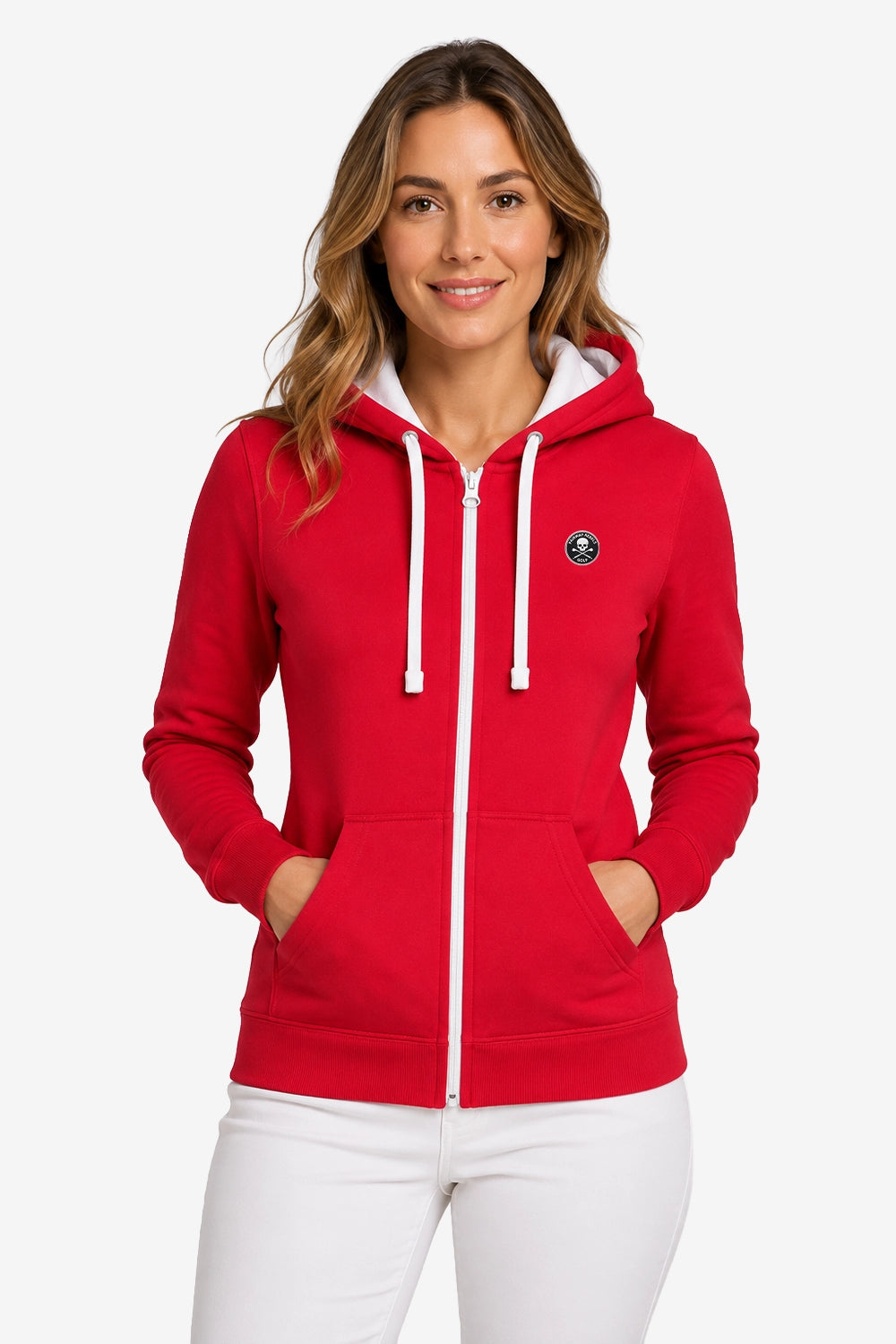 Veste zippée rouge femme à capuche, fermeture éclair centrale, cordons blancs et poches.