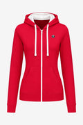 Veste zippée rouge femme à capuche, cordons blancs, fermeture éclair centrale, poches.