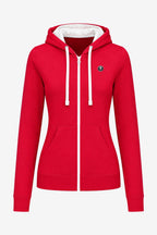 Veste zippée rouge femme à capuche, cordons blancs, fermeture éclair centrale, poches.