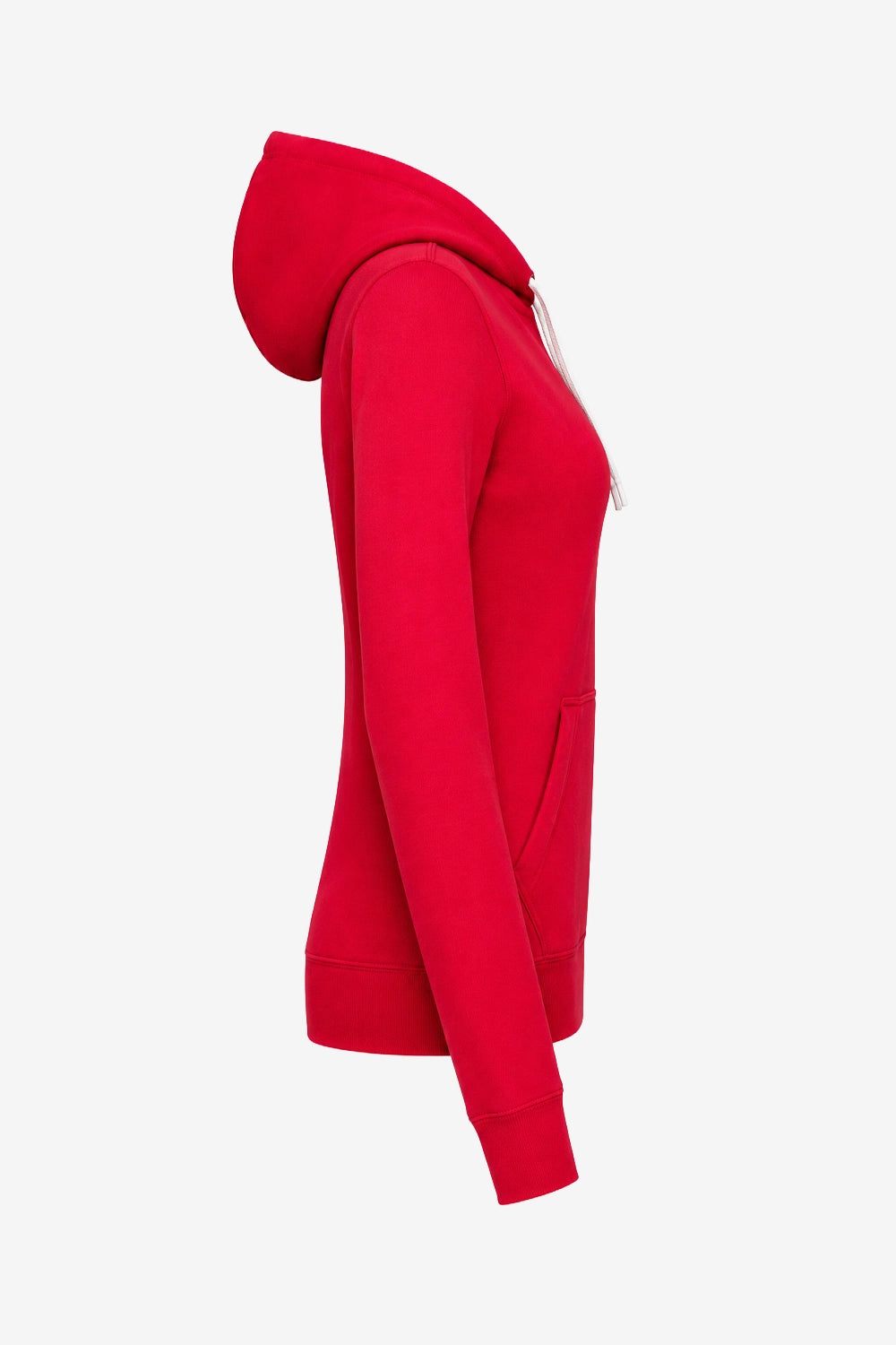 Veste zippée rouge à capuche femme, vue de profil, manches longues, coutures latérales.