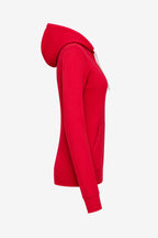 Veste zippée rouge à capuche femme, vue de profil, manches longues, coutures latérales.