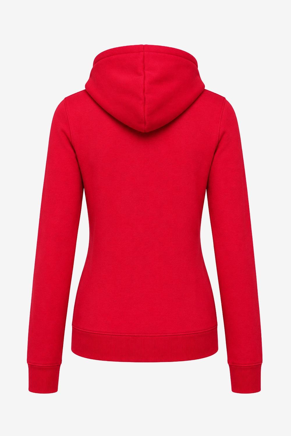 Veste zippée rouge à capuche femme, vue de dos, ourlets et coutures latérales.