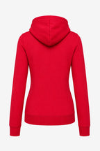 Veste zippée rouge à capuche femme, vue de dos, ourlets et coutures latérales.
