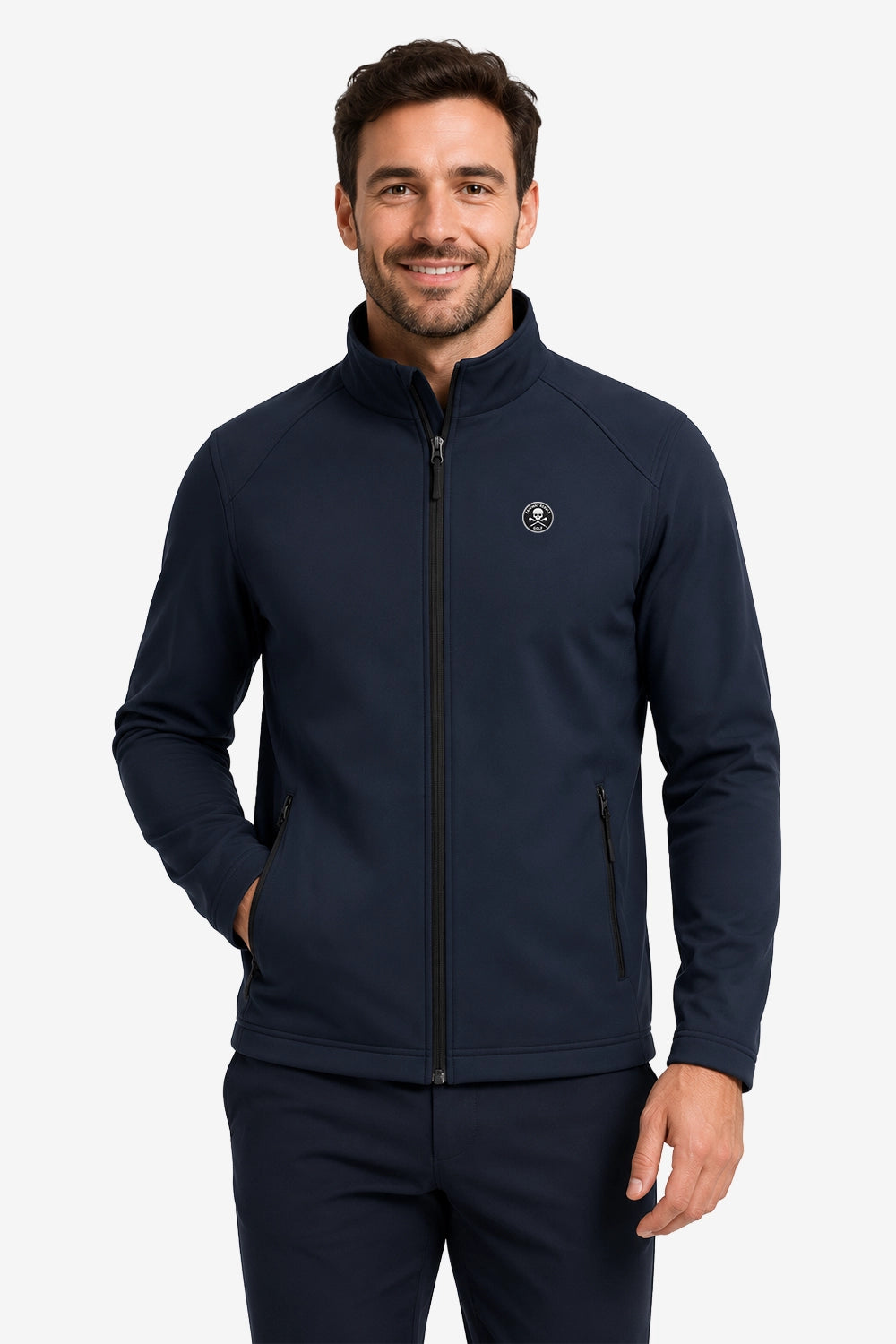Veste golf déperlante bleu marine pour homme, zip central, écusson poitrine.