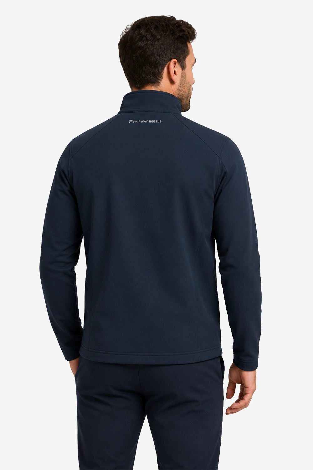 Veste de golf déperlante bleu marine, vue arrière, fermeture zippée et col montant.