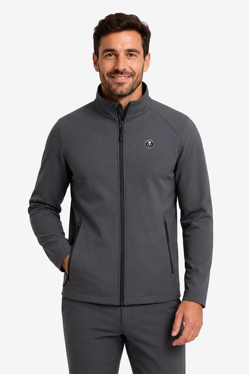 Veste golf déperlante gris foncé pour homme, zip intégral, écusson poitrine.