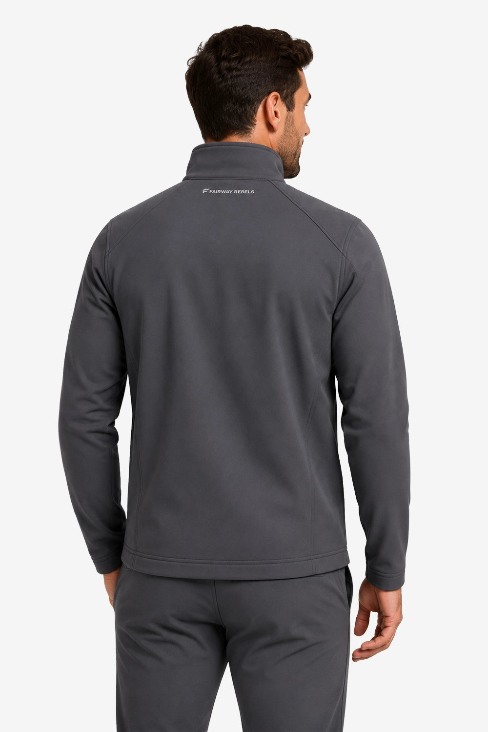 Veste golf déperlante gris anthracite vue de dos, col montant, zip.