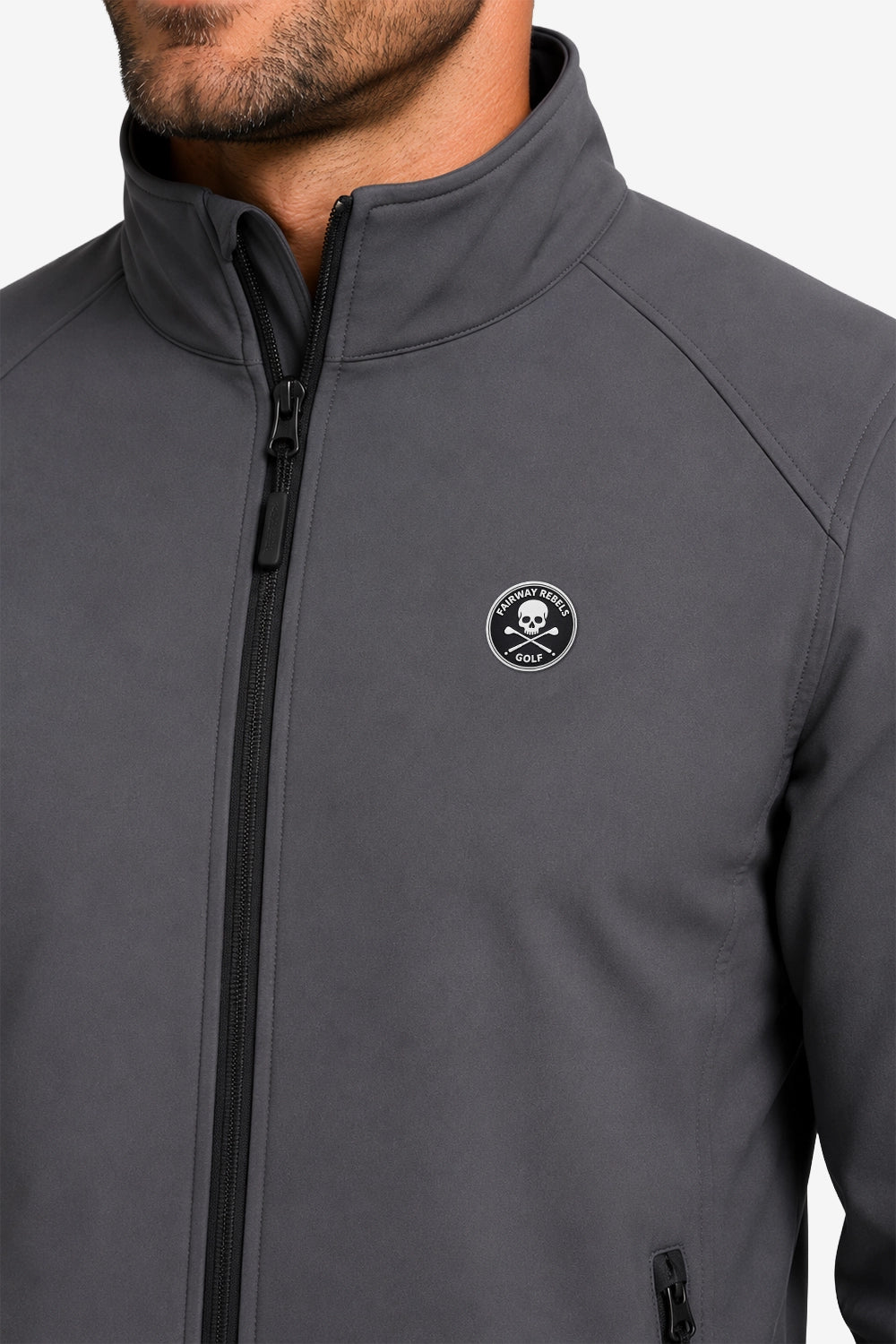 Veste de golf déperlante gris, logo rond sur la poitrine et zip central.