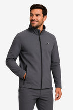 Veste de golf déperlante gris anthracite, zip noir, col montant et logo poitrine.