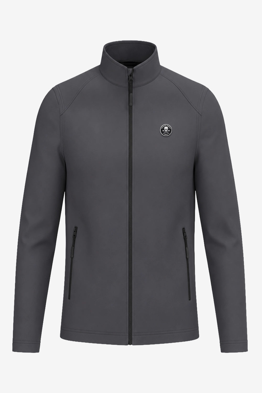 Veste golf déperlante grise pour homme, col montant, zip central, écusson.