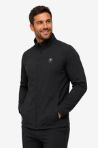 Veste de golf déperlante noire pour homme, zip central, col montant, logo sur la poitrine.
