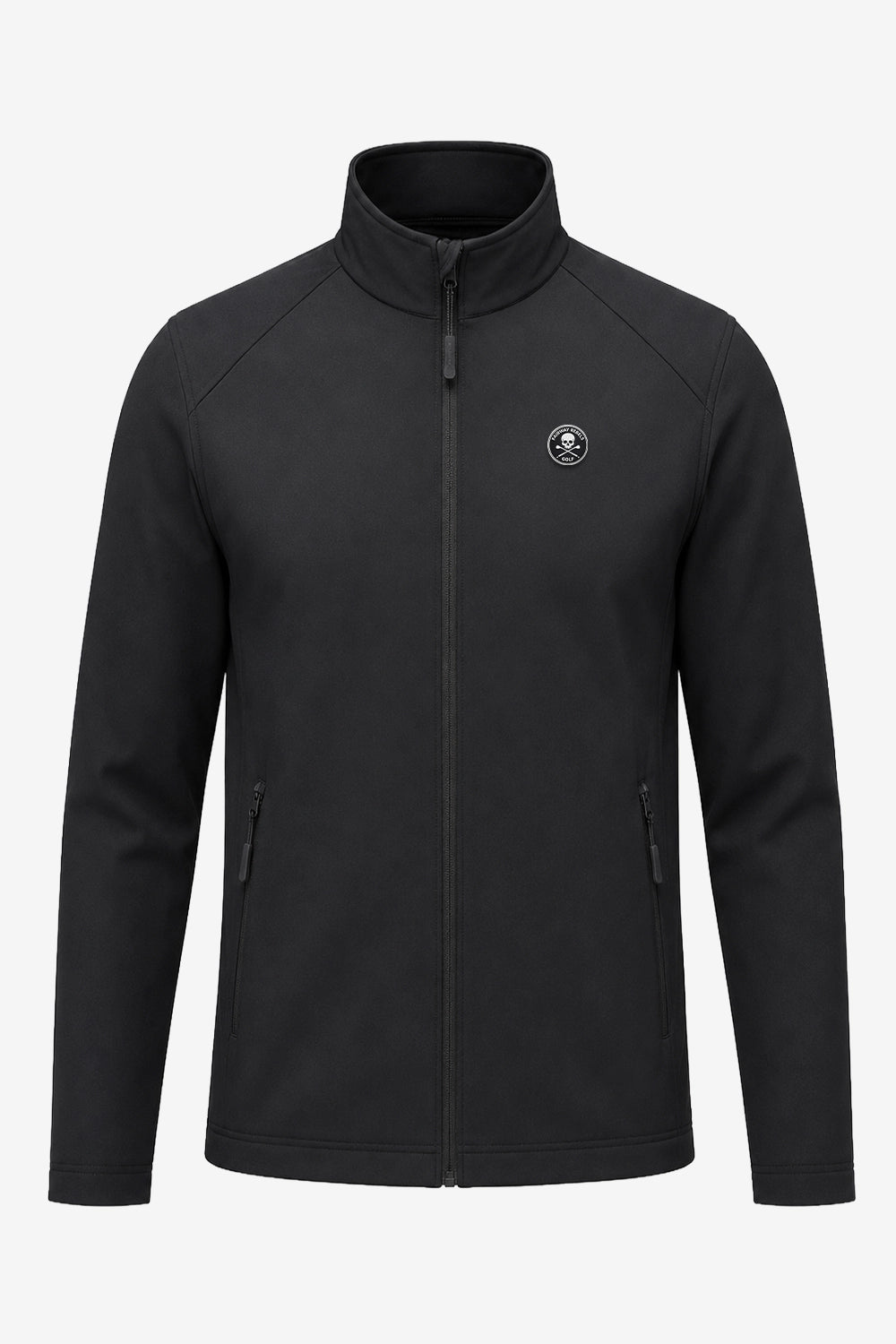 Veste golf déperlante noire pour homme, zip intégral, écusson sur la poitrine.