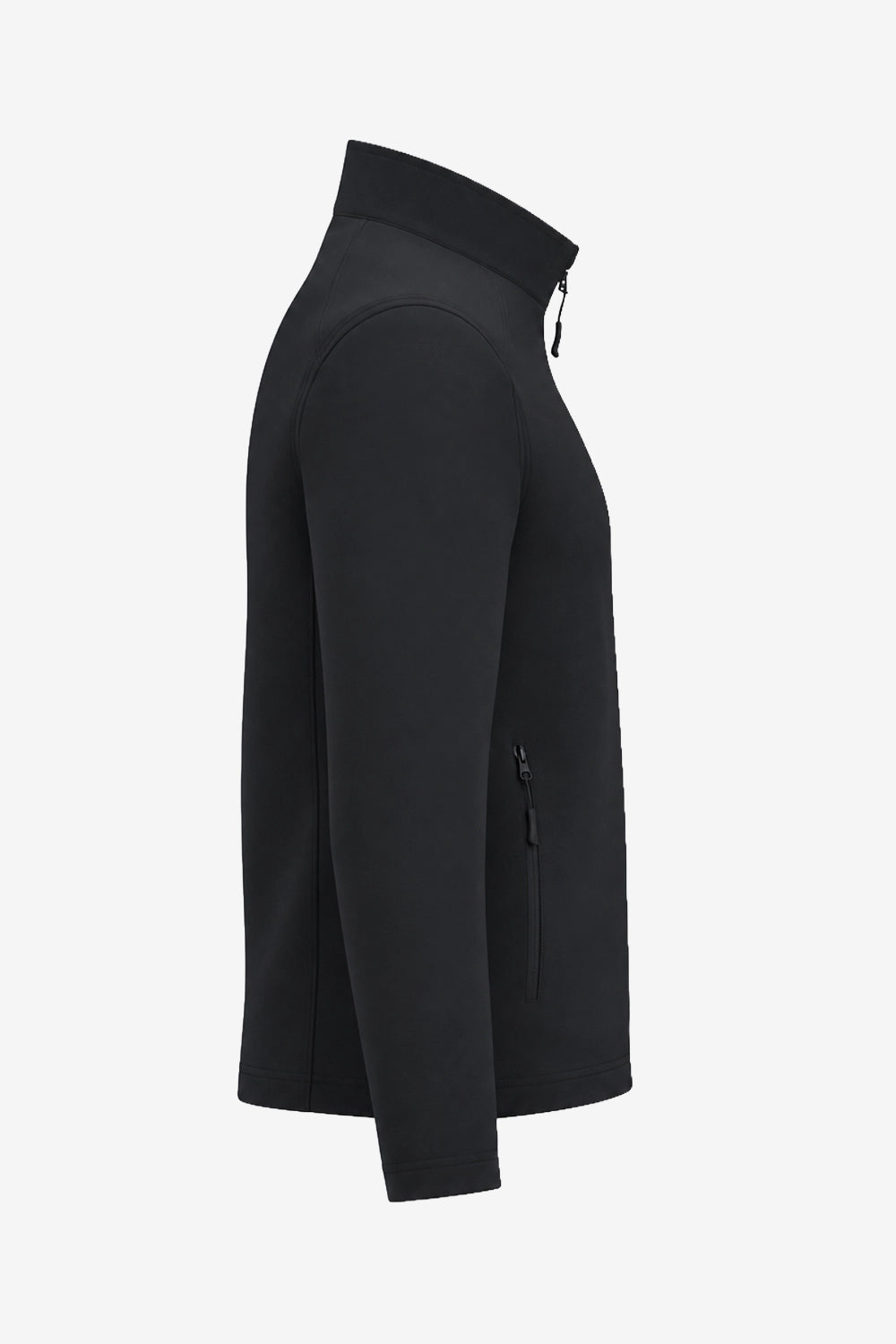 Veste de golf déperlante noire pour homme, vue de profil, col montant, poche zippée.