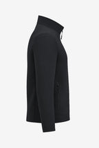 Veste de golf déperlante noire pour homme, vue de profil, col montant, poche zippée.