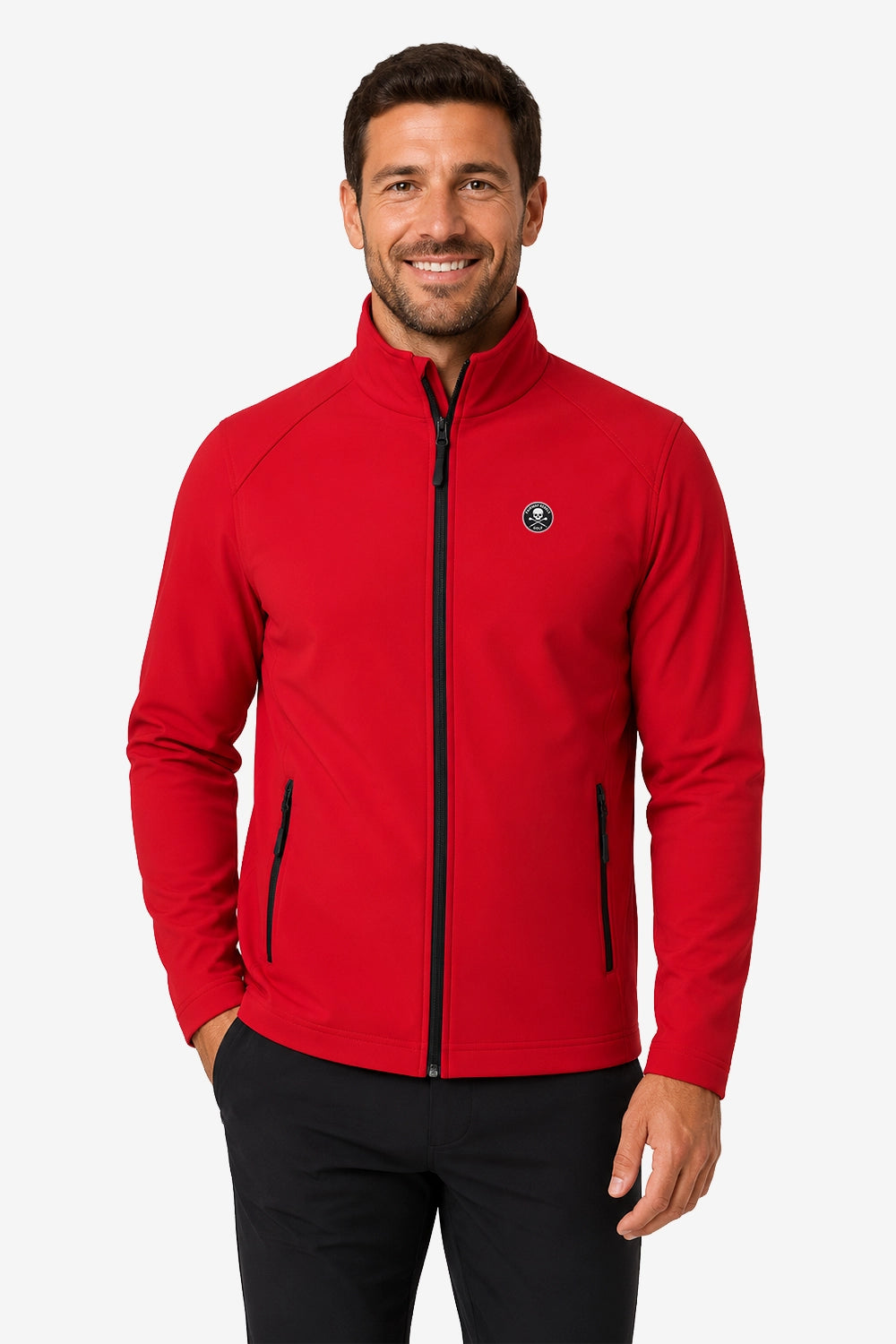 Veste golf déperlante rouge pour homme, zip central, poches zippées.
