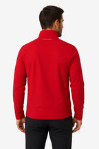 Veste de golf déperlante rouge, vue arrière, col montant et fermeture zippée.