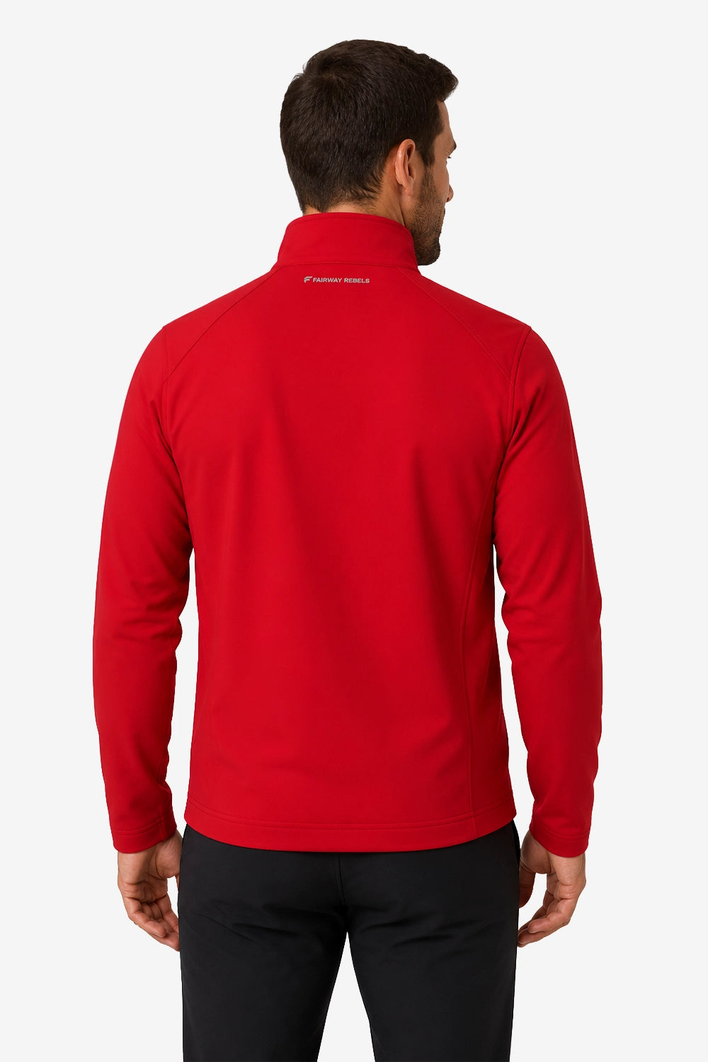 Veste de golf déperlante rouge, vue arrière, col montant et fermeture zippée.
