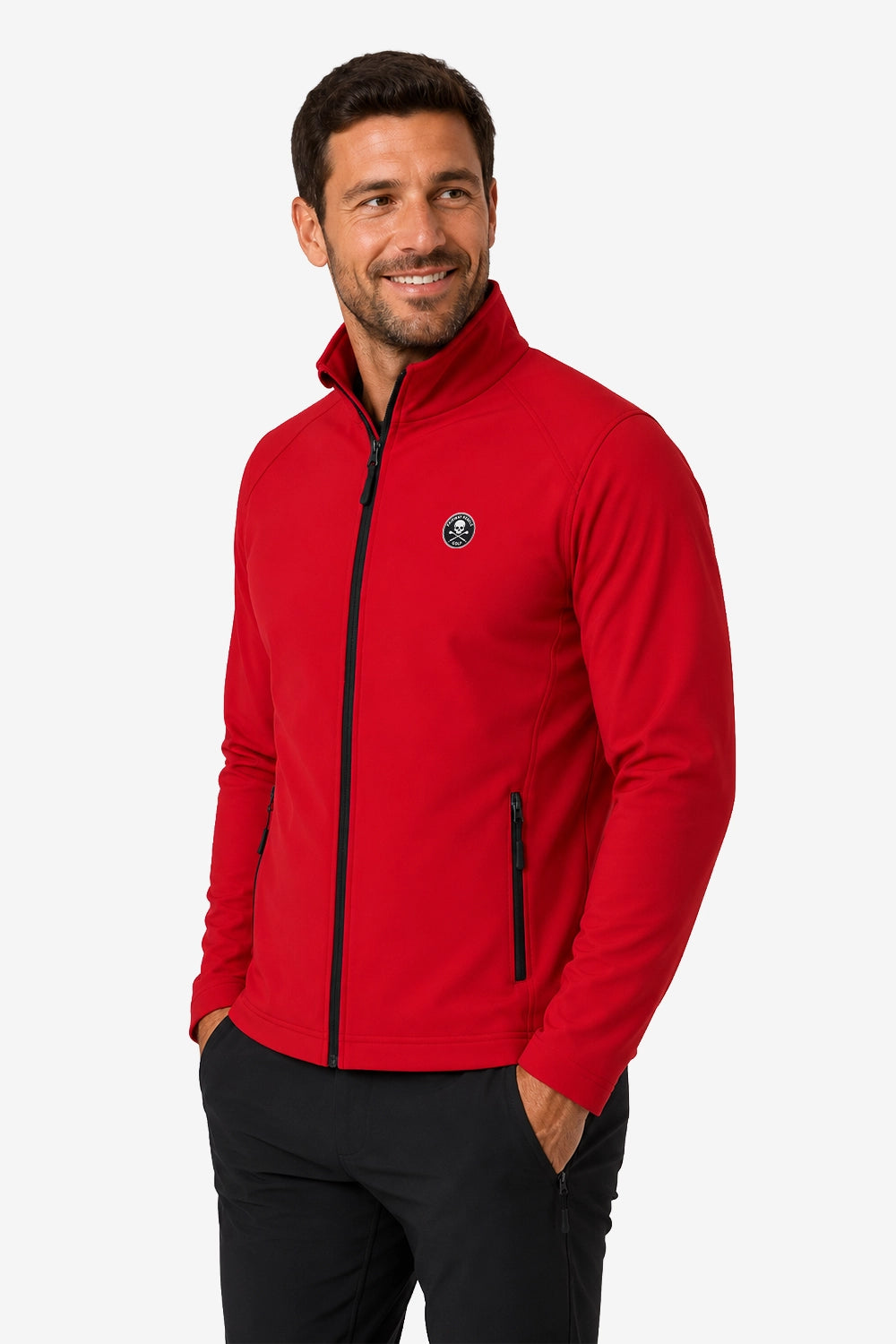 Veste de golf déperlante rouge avec zip noir, col montant et logo poitrine.