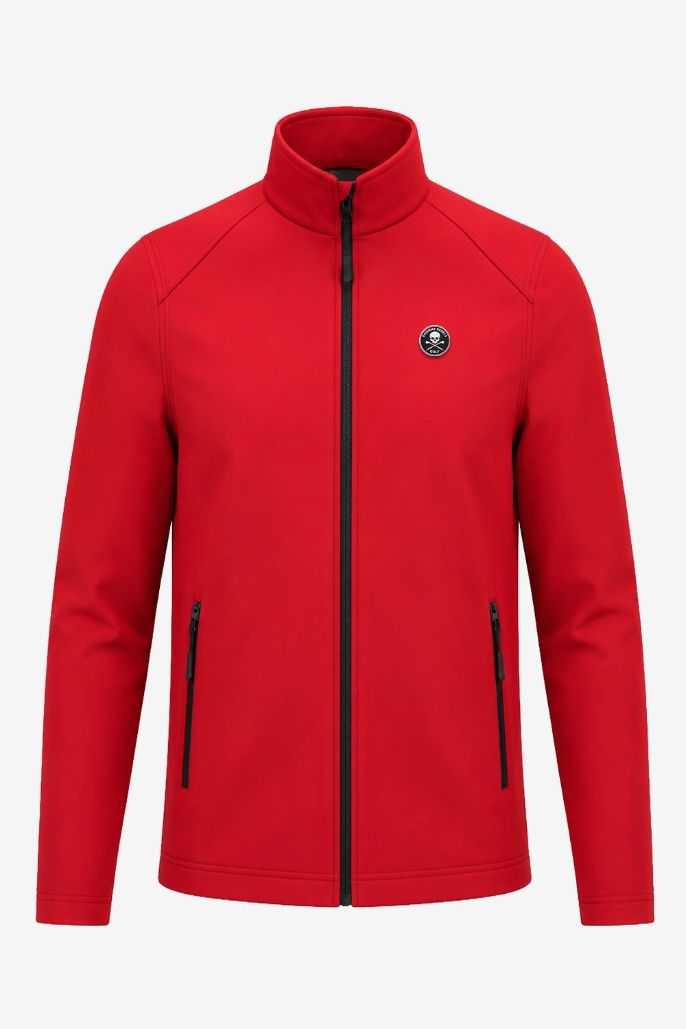 Veste de golf déperlante rouge pour homme, zip intégral, col montant, poches zippées.
