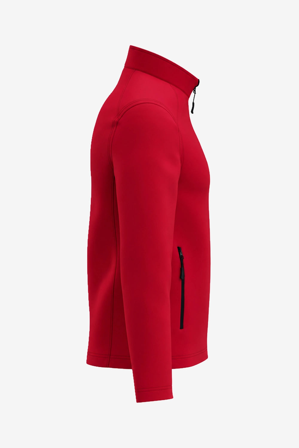 Veste de golf déperlante rouge pour homme, vue côté manche, poche zippée au bras.