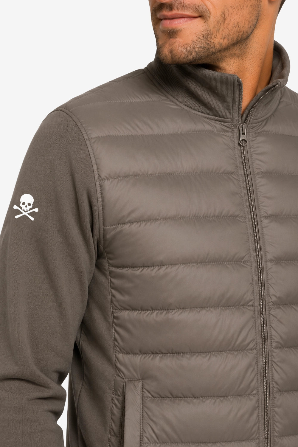 Veste de golf homme grise matelassée, fermeture zippée intégrale et col montant
