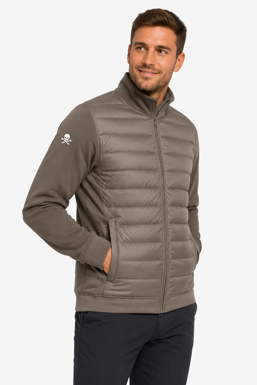 Veste de golf homme grise à manches en tissu, matelassée avec zip