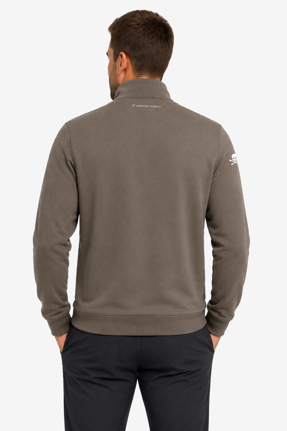 Veste de golf homme grise, vue dos avec col montant et poches zippées