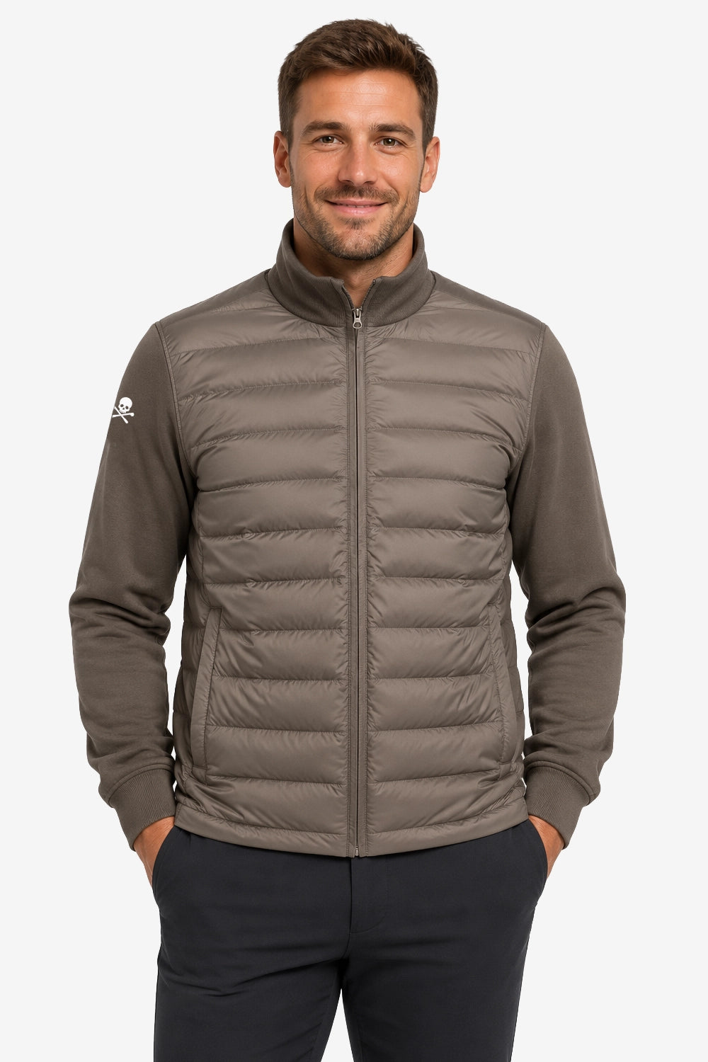 Veste de golf homme grise taupe, matelassée, fermeture zippée au col