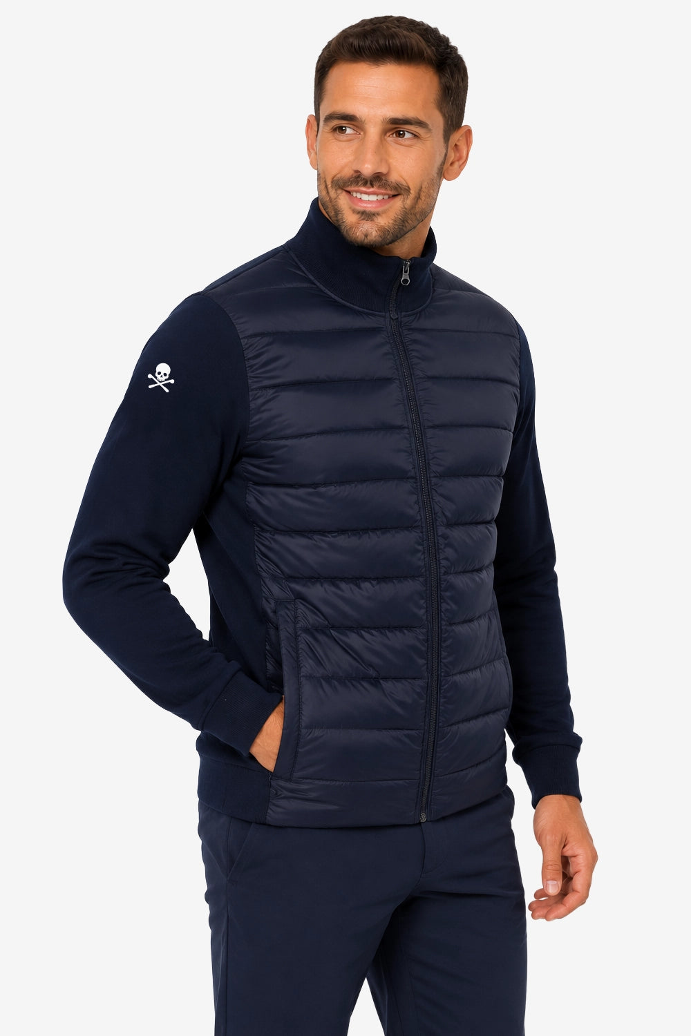 Veste de golf homme bleu marine, matelassée, zip au col montant et poignets côtelés