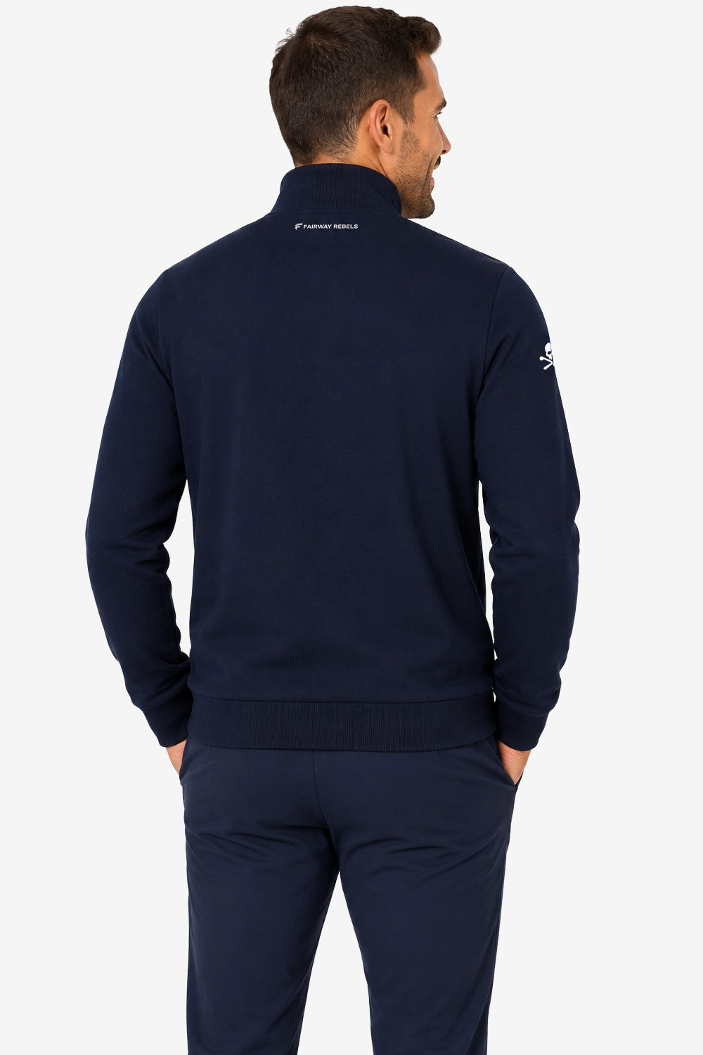 Veste de golf homme bleu marine, vue dos avec col montant et écusson