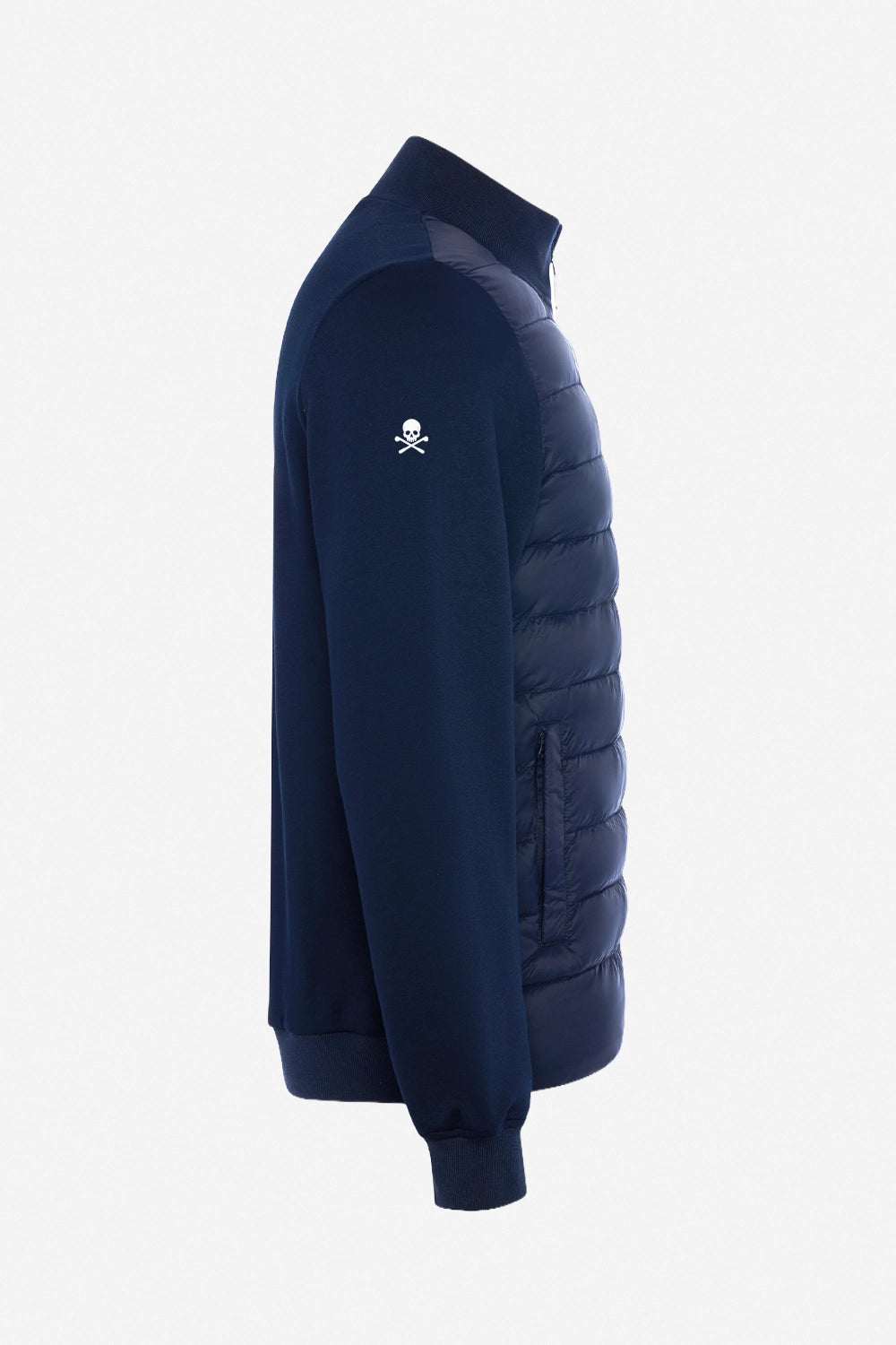 Veste de golf bleu marine, vue de côté, manches tricot, logo sur l’épaule