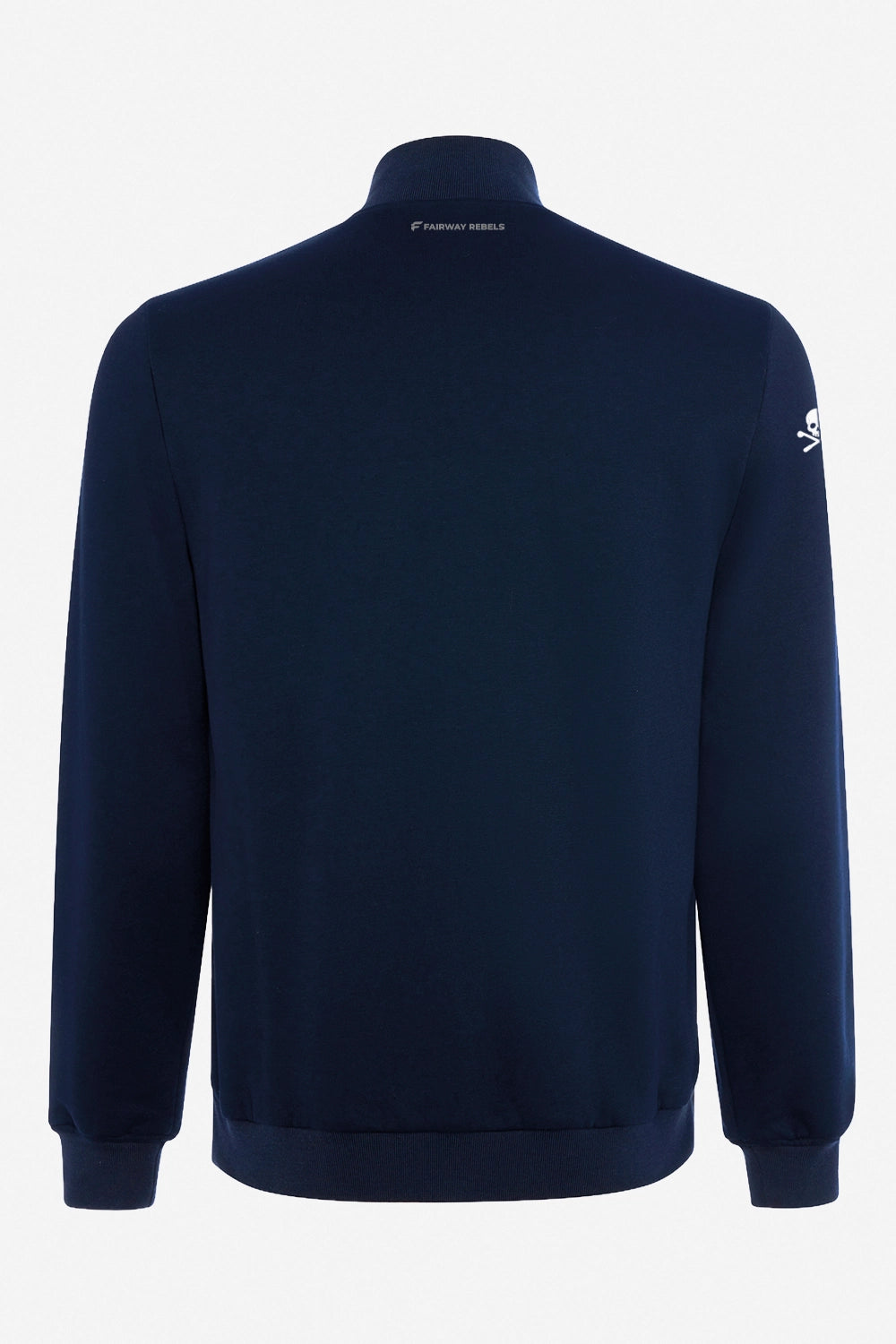 Veste de golf bleu marine, vue de dos, col montant et poignets côtelés