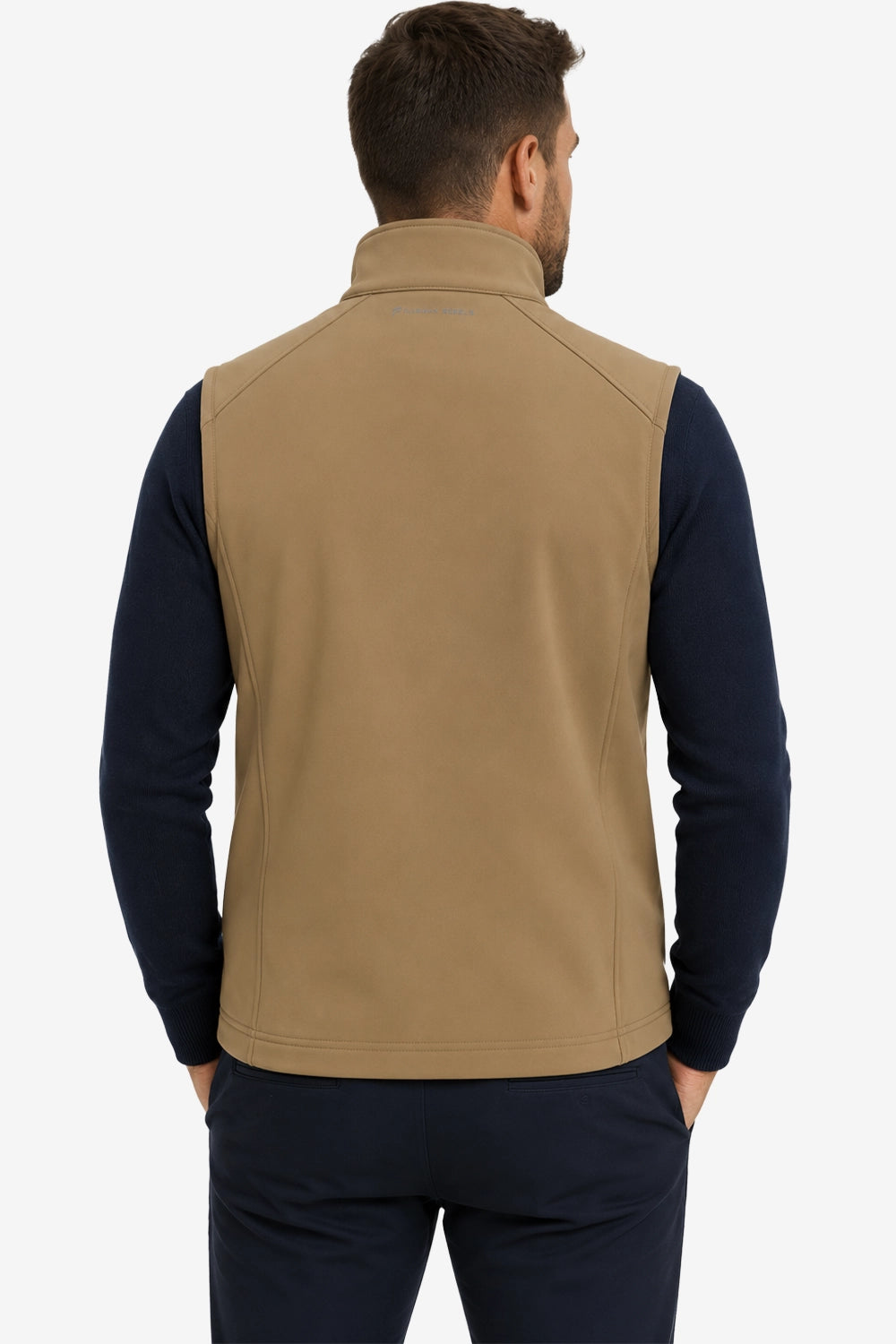Veste golf sans manches déperlante beige, dos avec fermeture centrale et col montant.