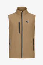 Veste golf sans manches déperlante beige, face avec zip central noir et écusson.