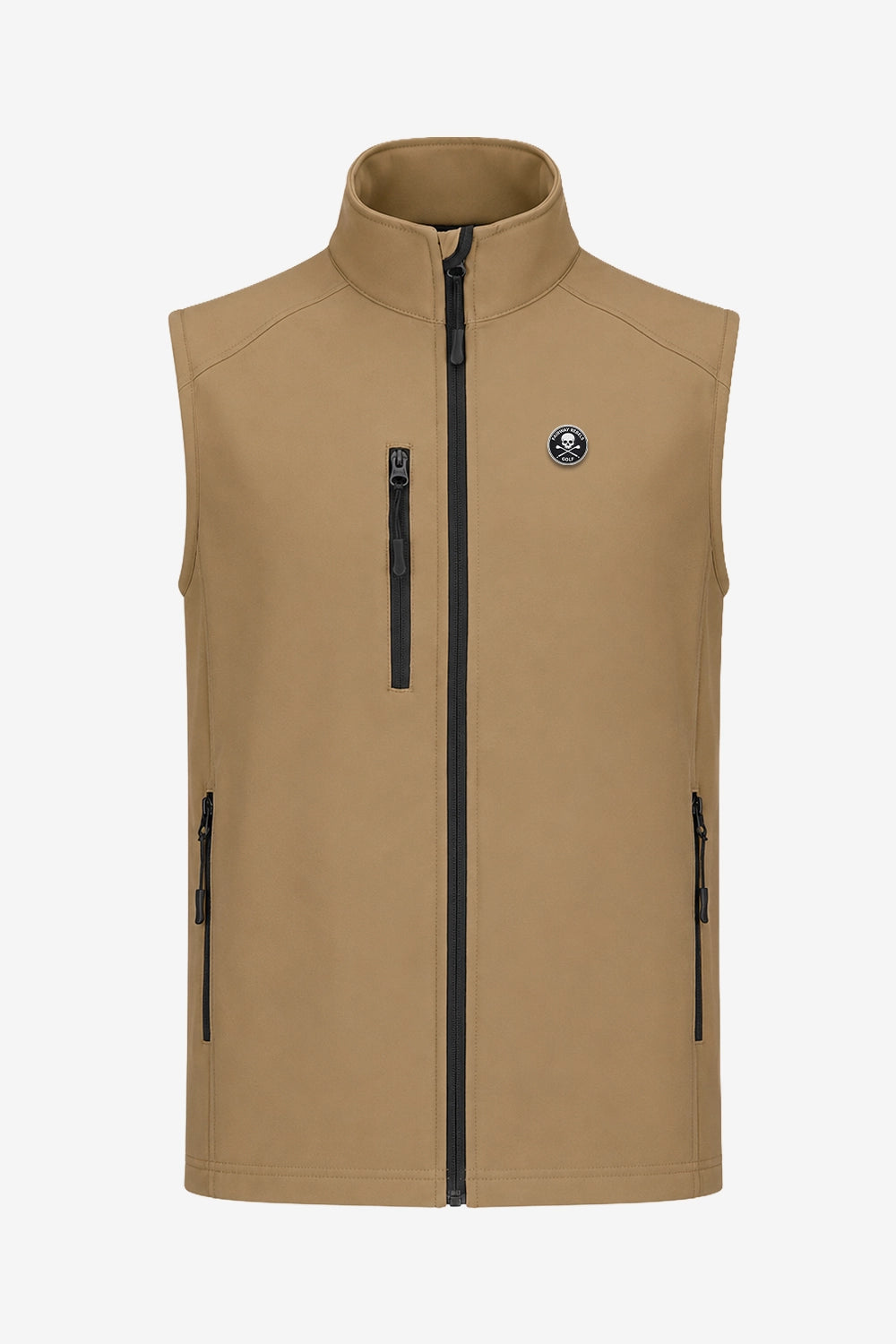 Veste golf sans manches déperlante beige, face avec zip central noir et écusson.