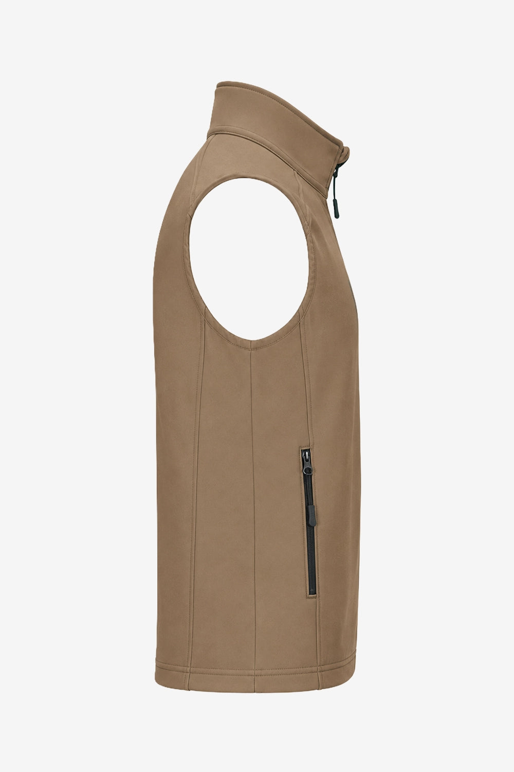 Veste golf sans manches déperlante beige, vue de profil avec poche zippée verticale.