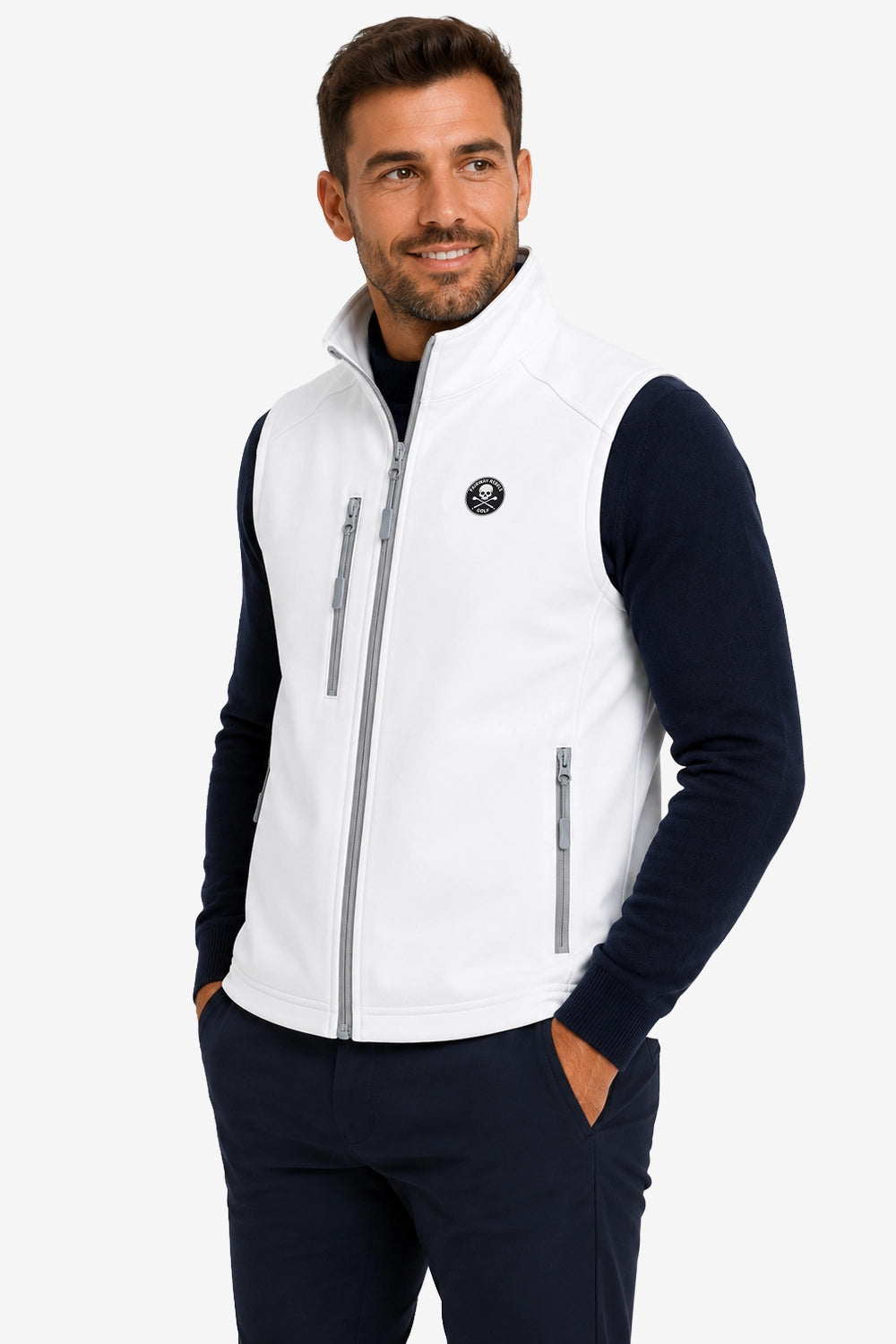Veste golf sans manches déperlante blanche, vue de face avec zip central et poches zippées.