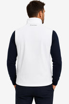 Veste golf sans manches déperlante blanche, vue de dos avec col montant et étiquette.