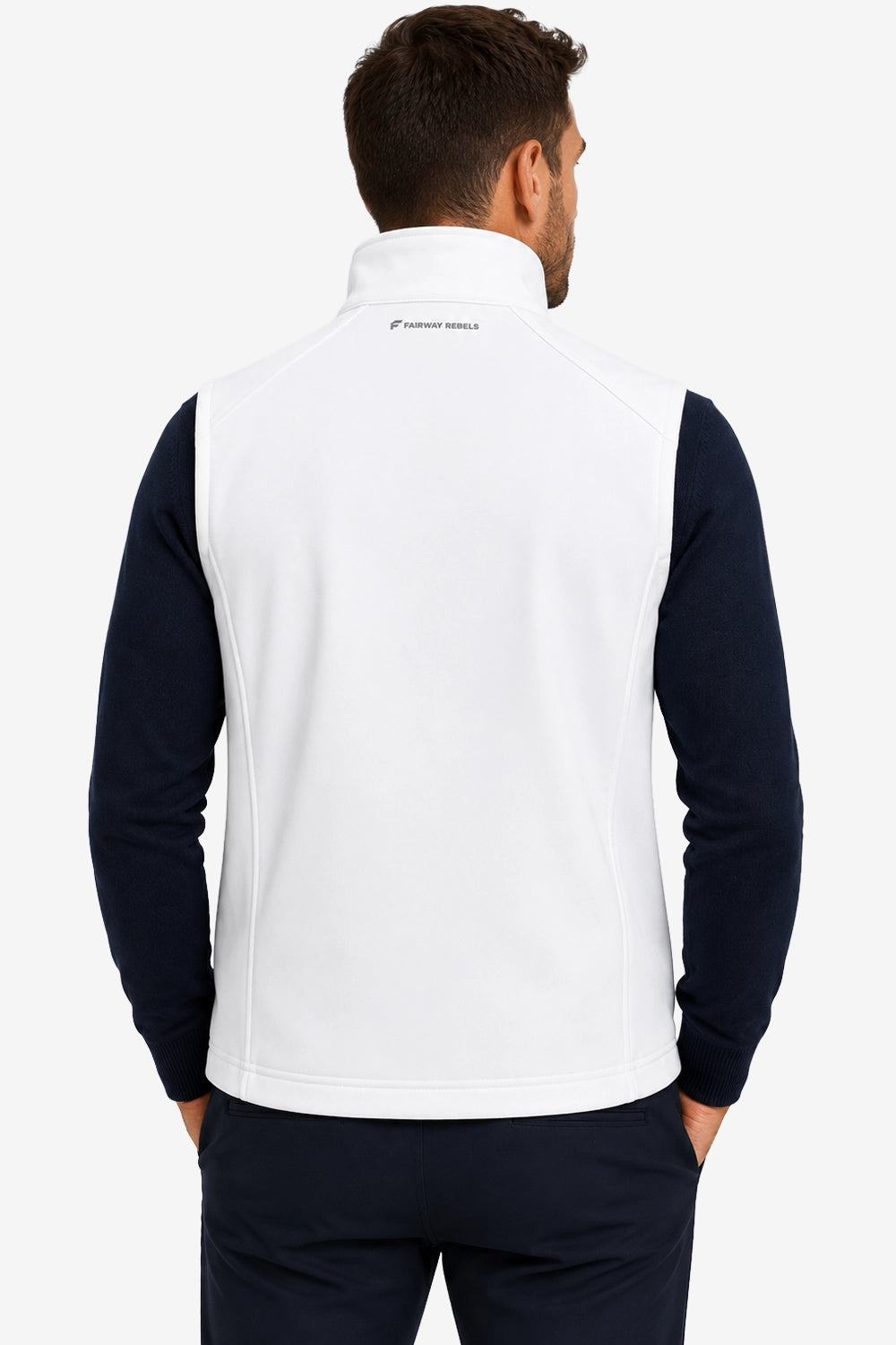 Veste golf sans manches déperlante blanche, vue de dos avec col montant et étiquette.