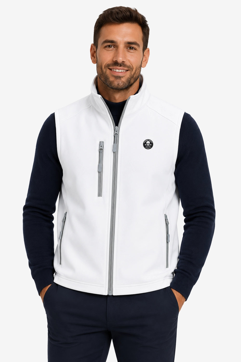 Veste golf sans manches déperlante blanc cassé, fermeture zippée, 2 poches, col montant