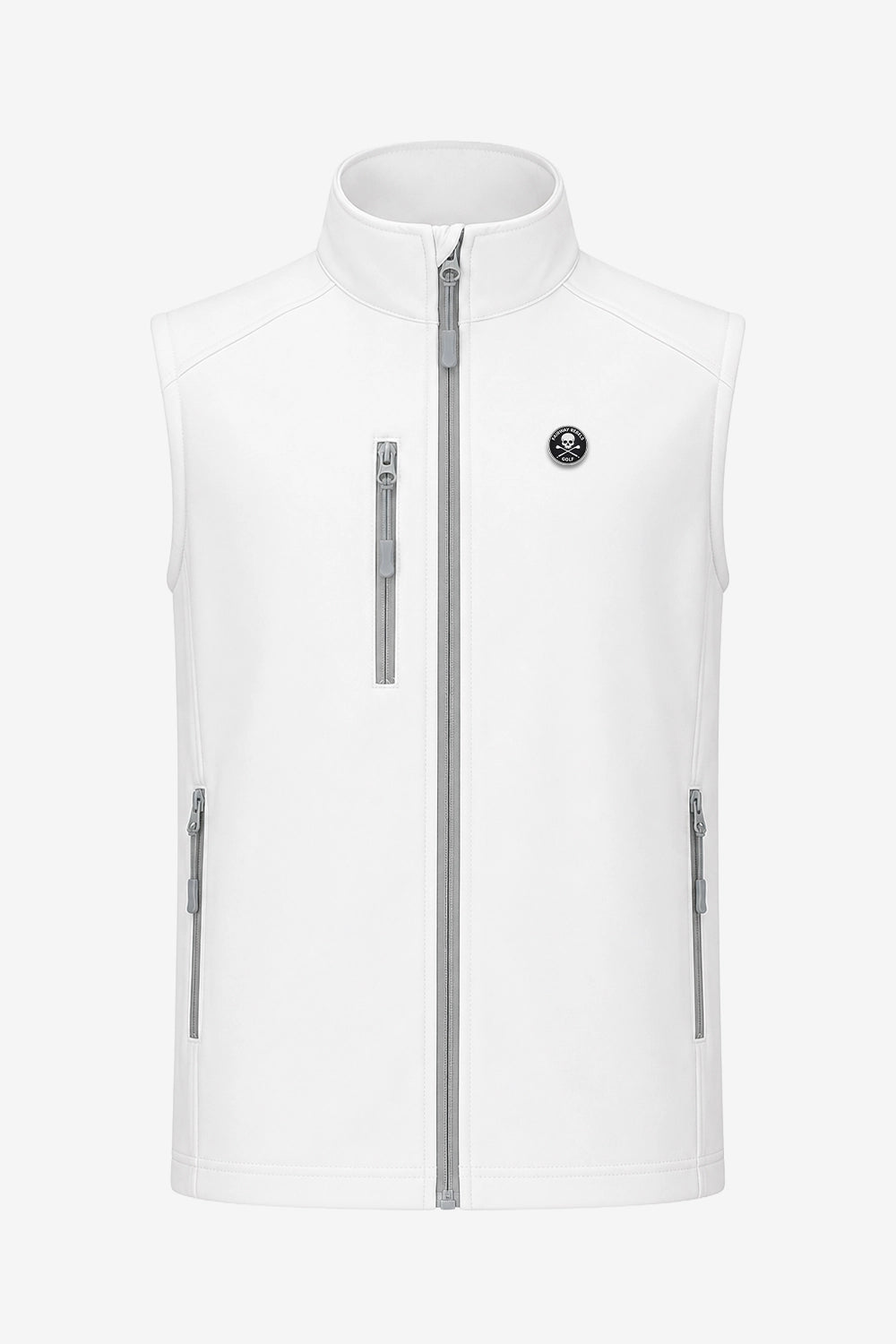 Veste golf sans manches déperlante blanche, fermeture zippée centrale, logo poitrine, poches