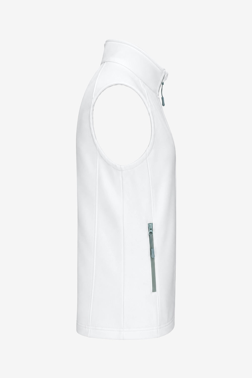 Veste golf sans manches déperlante blanche, vue de côté, fermeture zippée et poche verticale