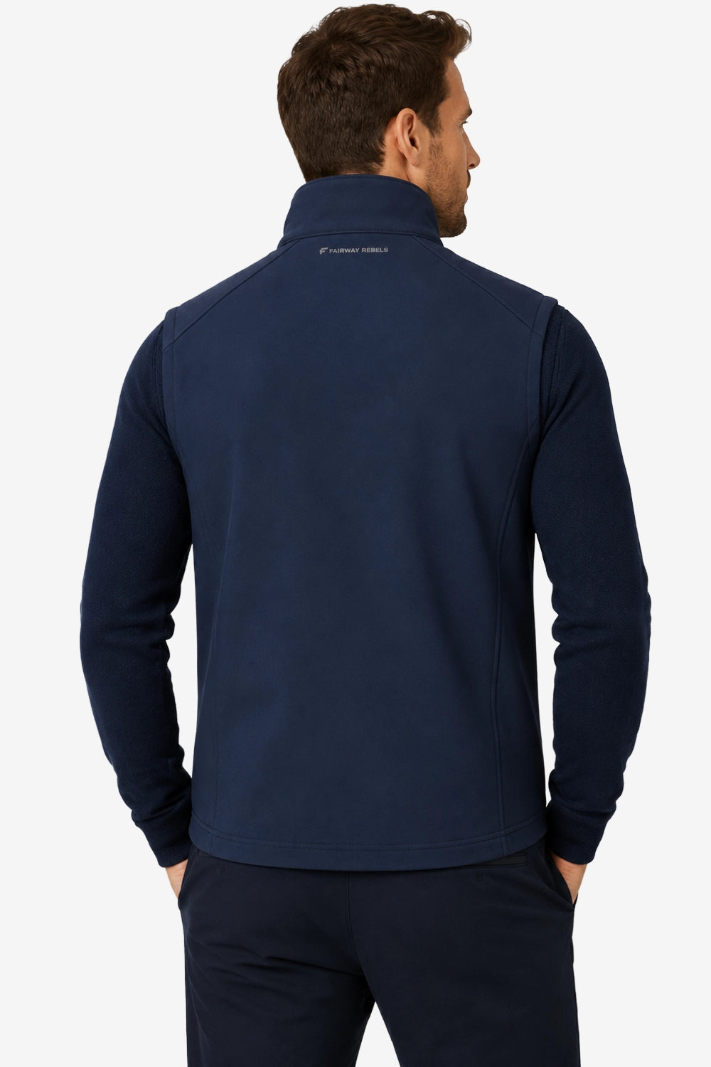 Veste golf sans manches déperlante bleu marine, vue dos sur mannequin, col montant, zips