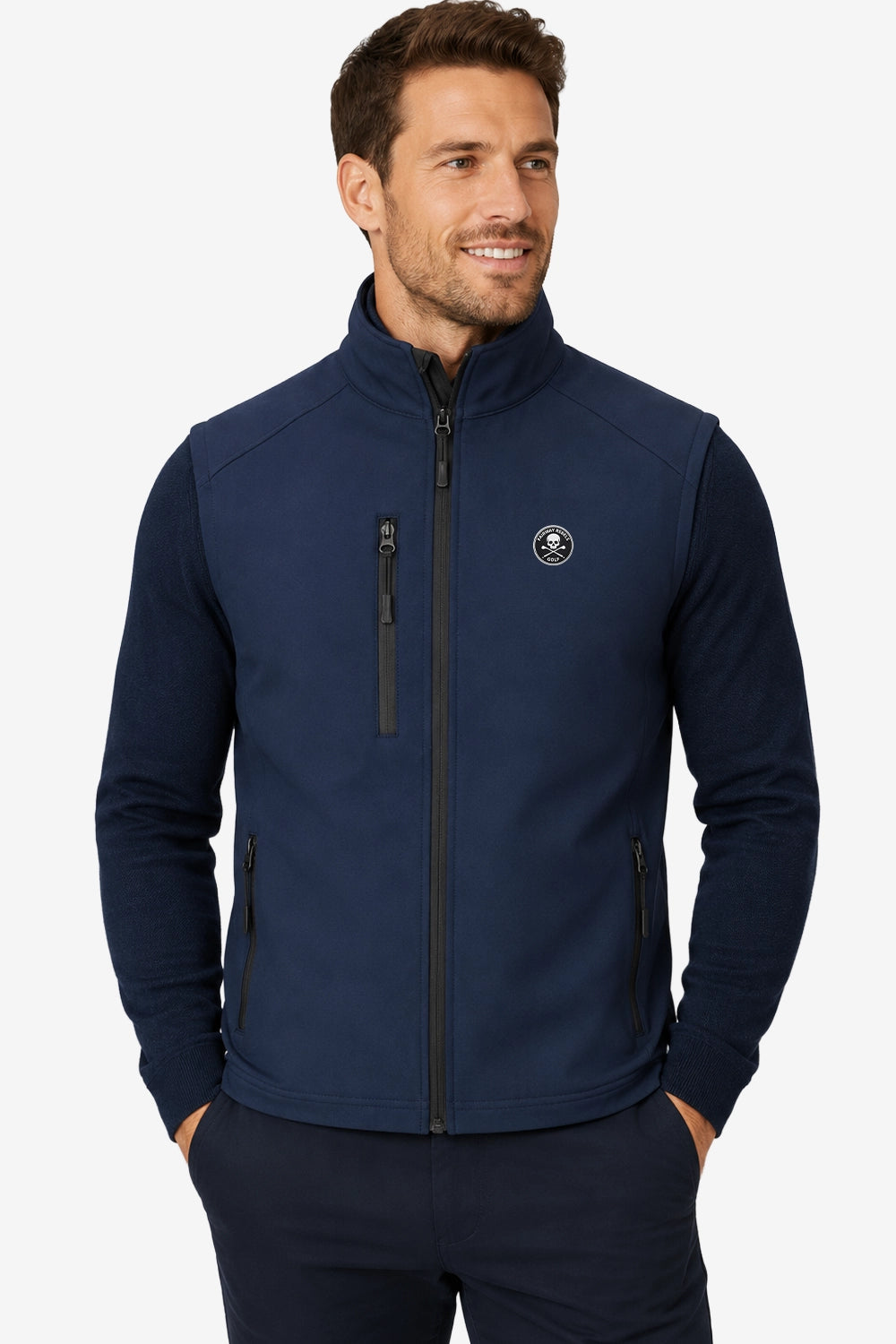 Veste golf sans manches déperlante bleu marine, vue avant, fermeture zippée et poche verticale