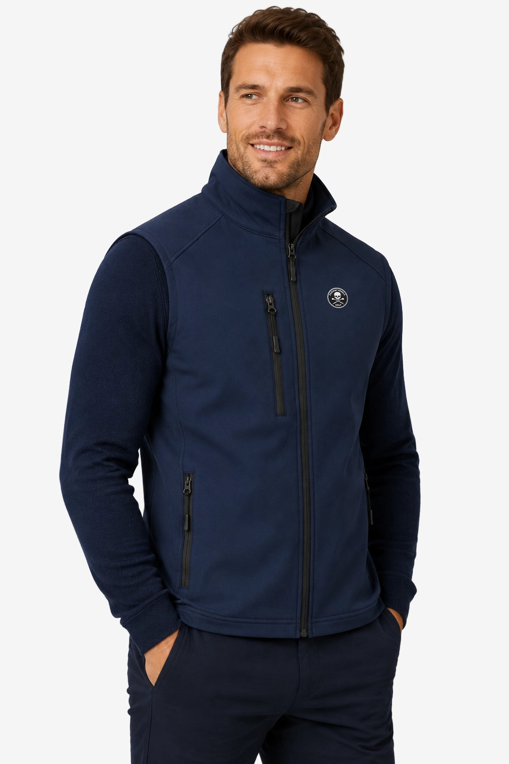 Veste golf sans manches déperlante bleu marine, col montant, fermeture zippée et logo poitrine